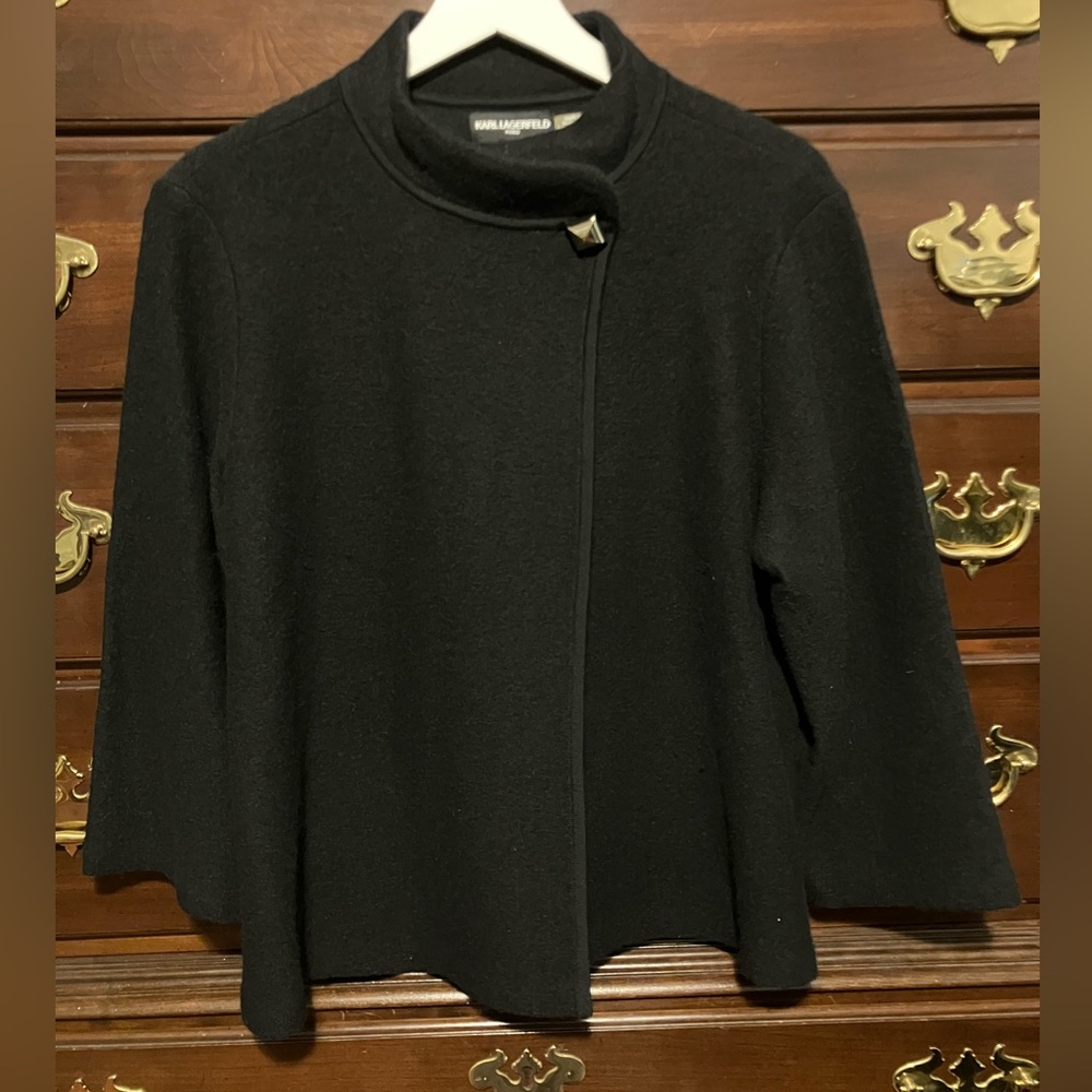 Karl Lagerfeld Cardigan Sweater Womens Size M Black Gold Button Cap Poncho